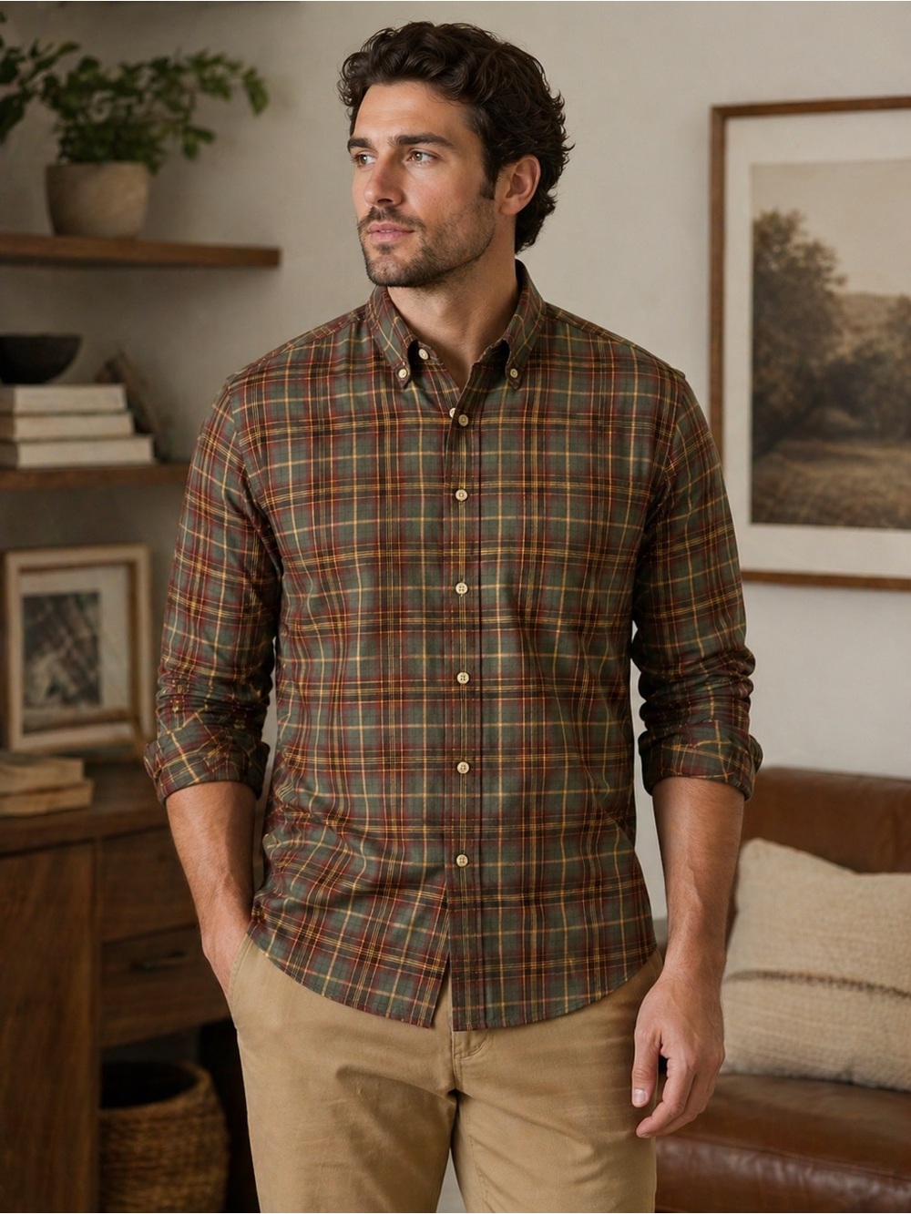Banana Republic Plaid Button-Up in Olive, Brown & Rust